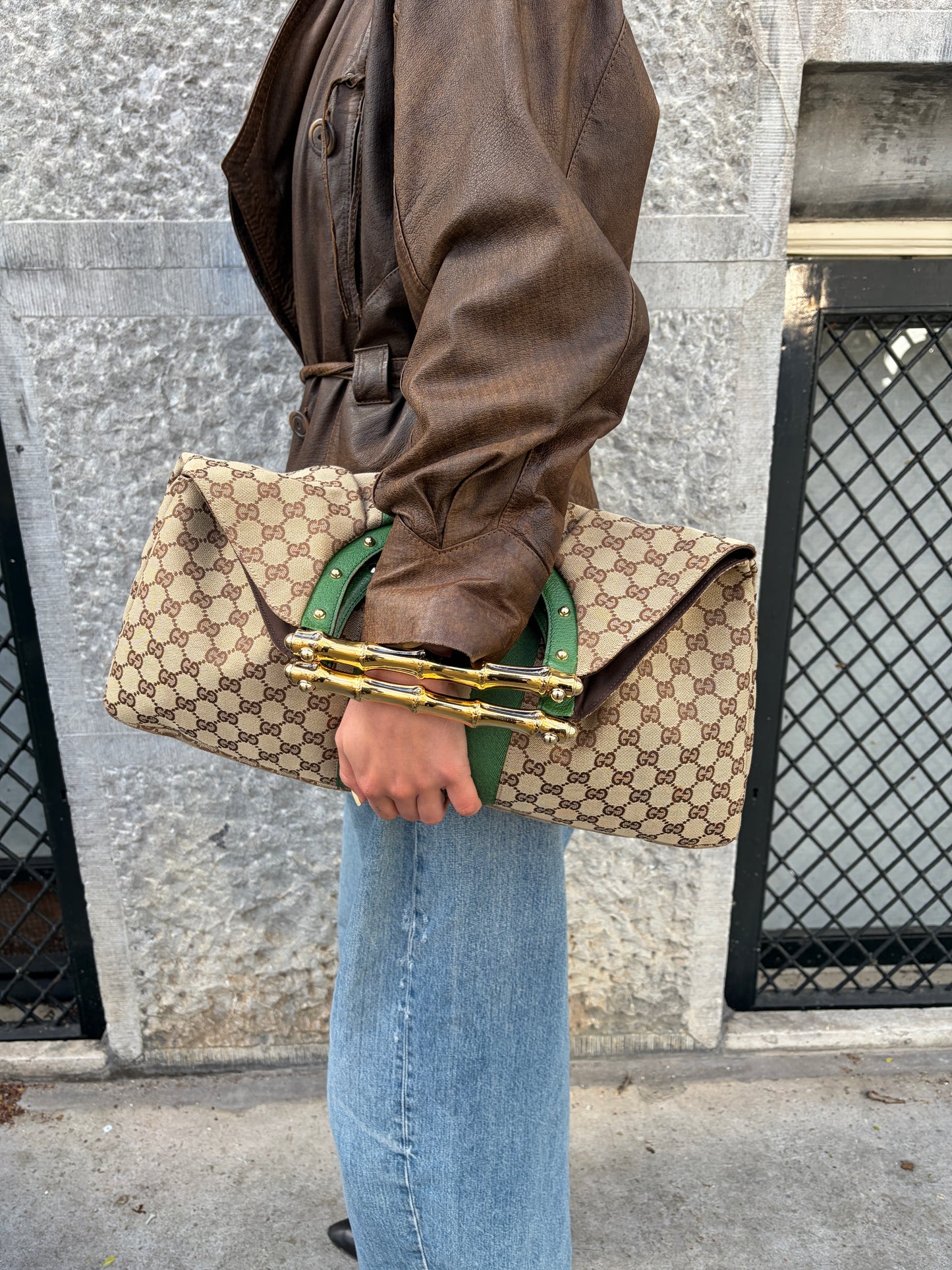 Gucci Beige Monogram Gold Bamboo Bag