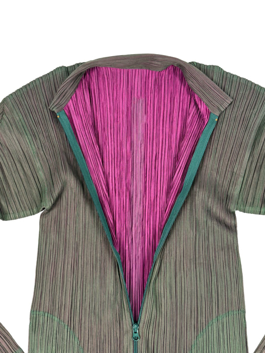 Green/Pink Pleated Zip-Up