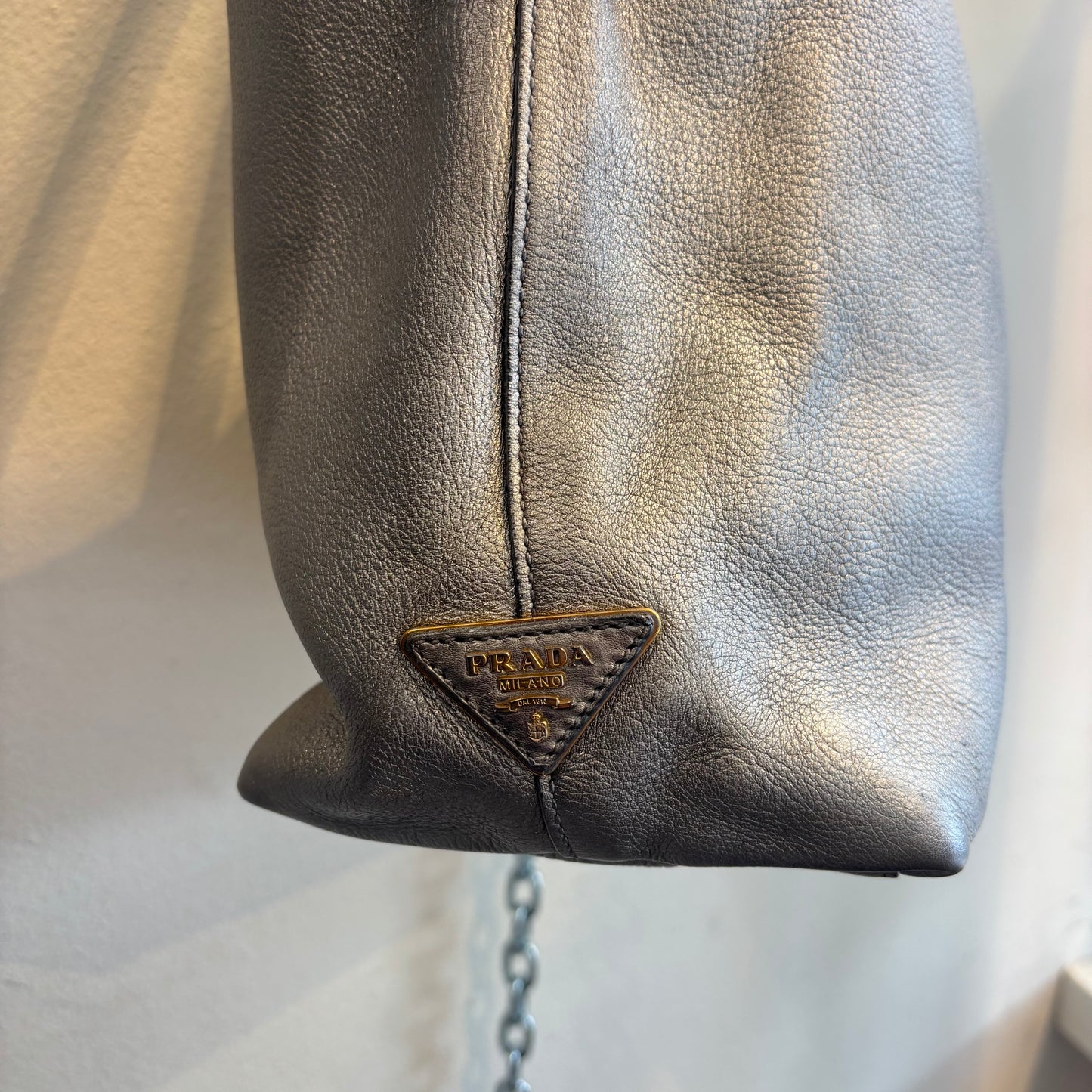 Prada leather silver tote bag