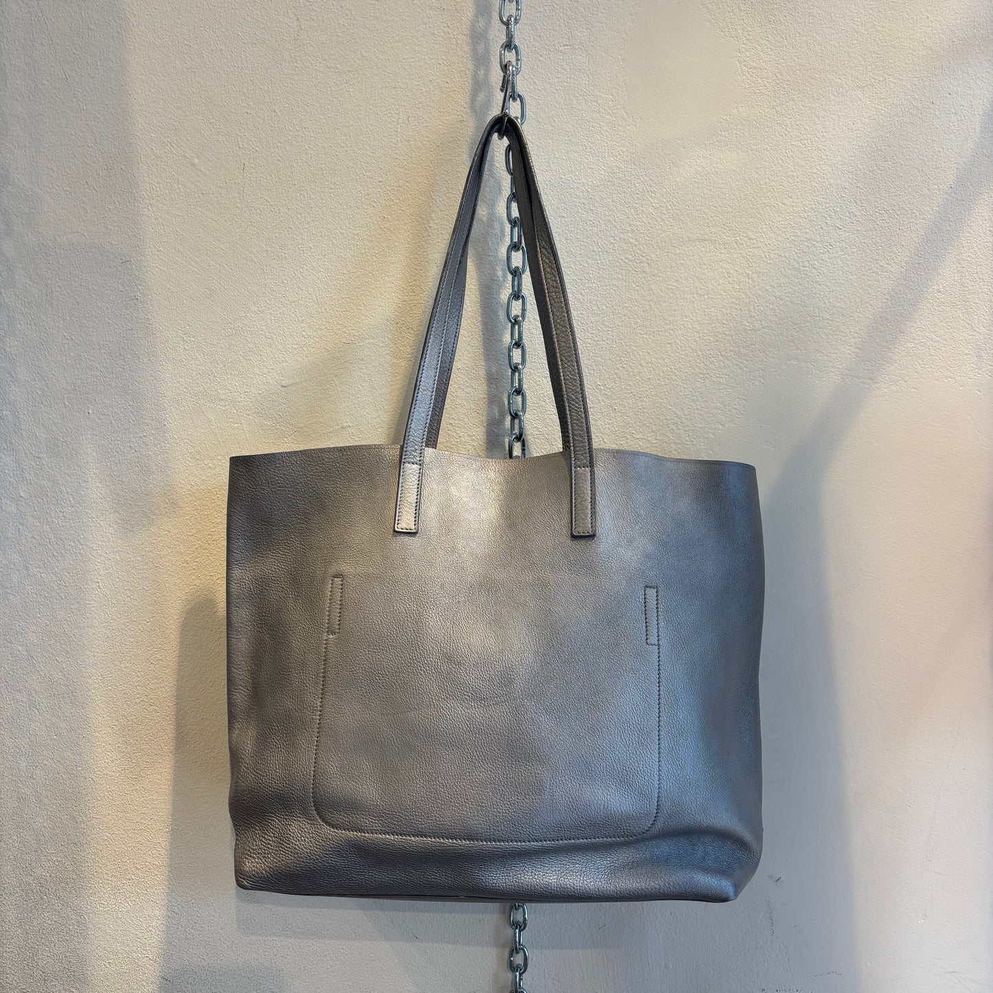 Prada leather silver tote bag