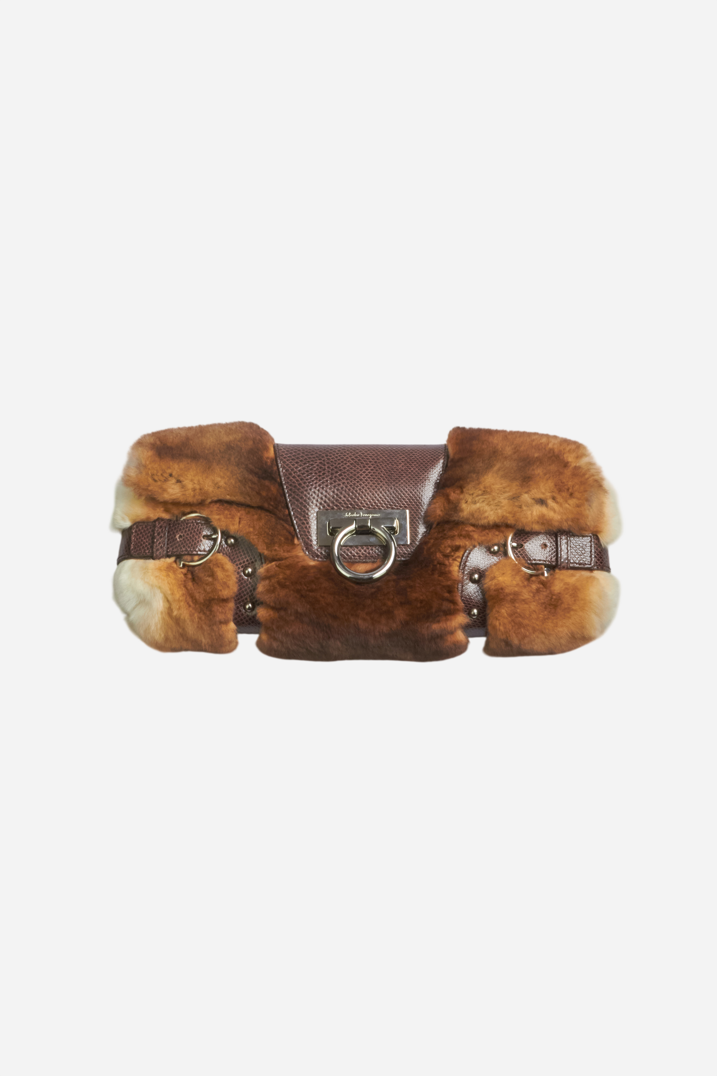 Ferragamo Rabbit Fur Lizard Leather Clutch