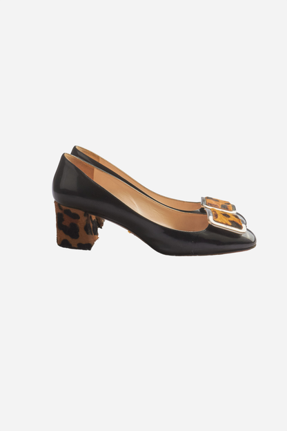 Prada Black Patent Leather Leopard Print Heels