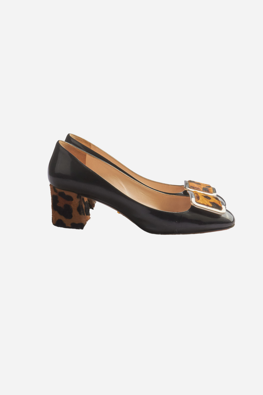 Prada Black Patent Leather Leopard Print Heels