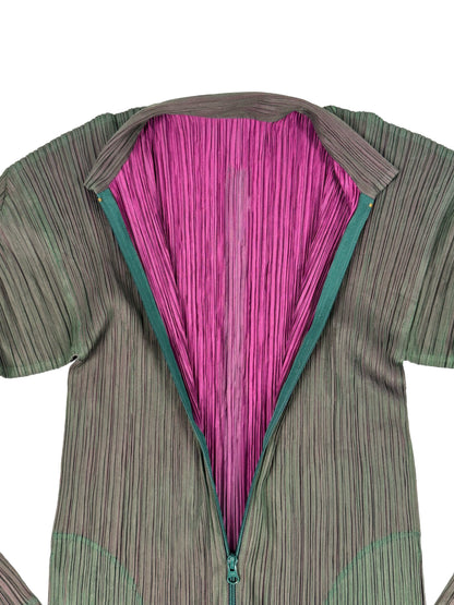 Green/Pink Pleated Zip-Up