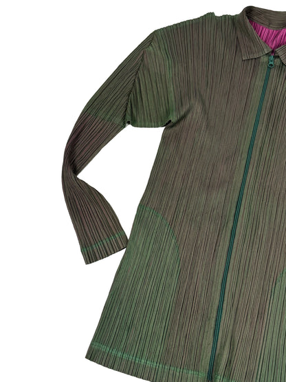 Green/Pink Pleated Zip-Up