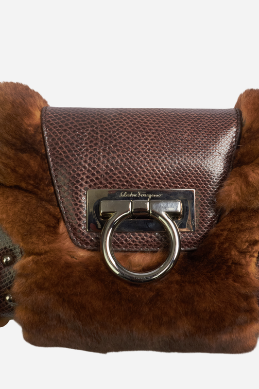 Ferragamo Rabbit Fur Lizard Leather Clutch