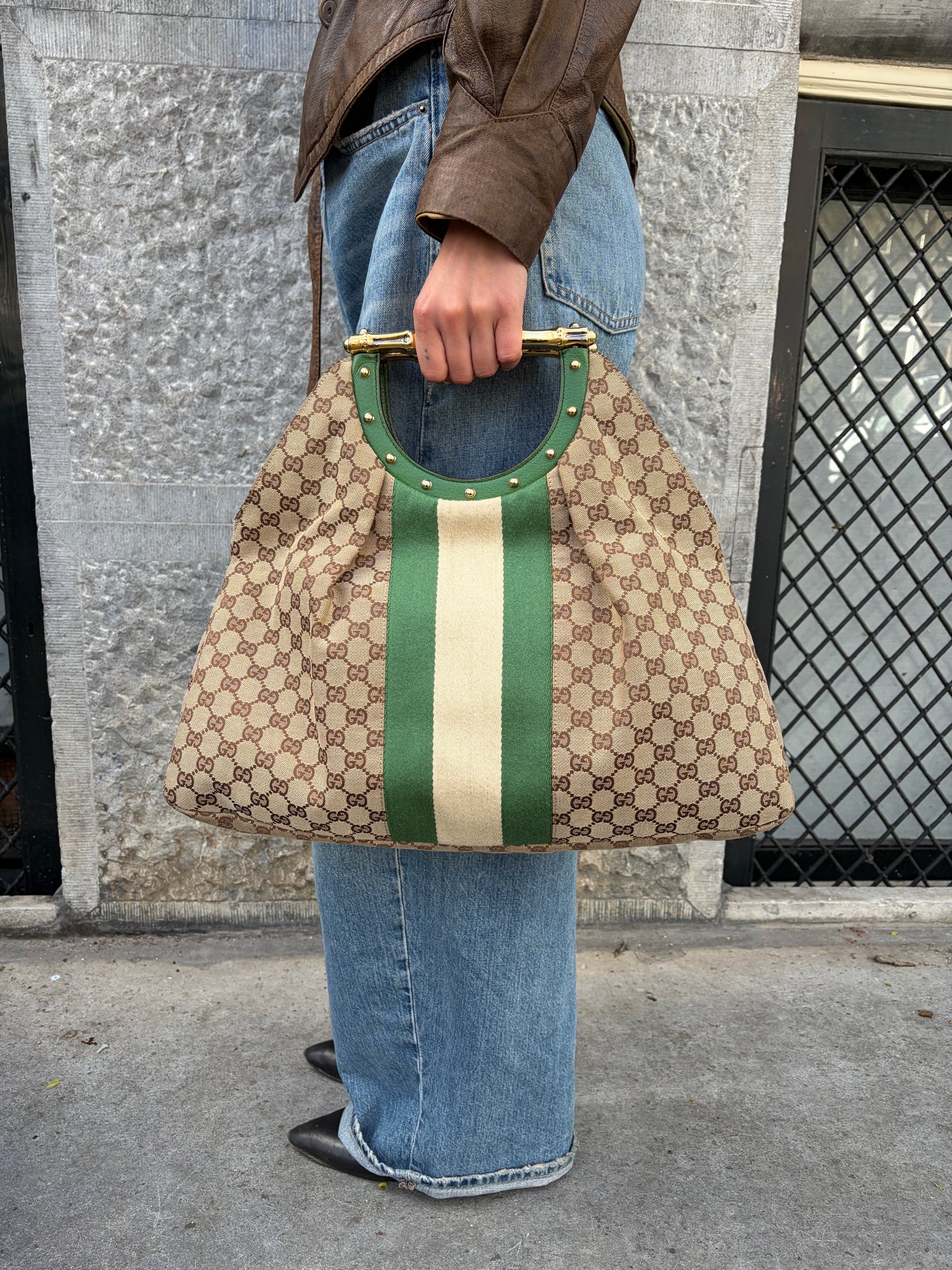 Gucci Beige Monogram Gold Bamboo Bag