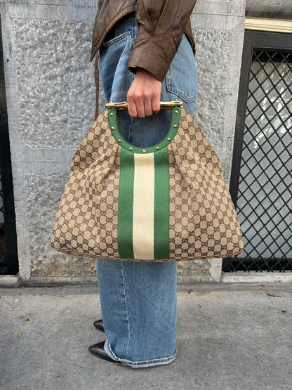Gucci Beige Monogram Gold Bamboo Bag