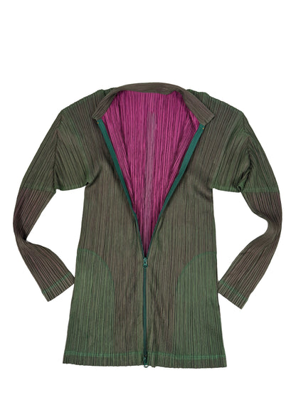 Green/Pink Pleated Zip-Up
