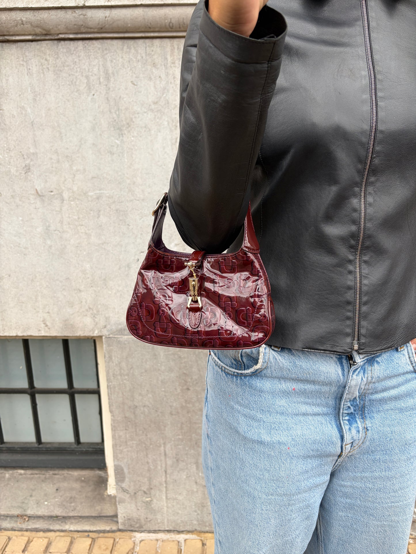 Gucci Burgundy Horsebit Print Mini Jackie Bag