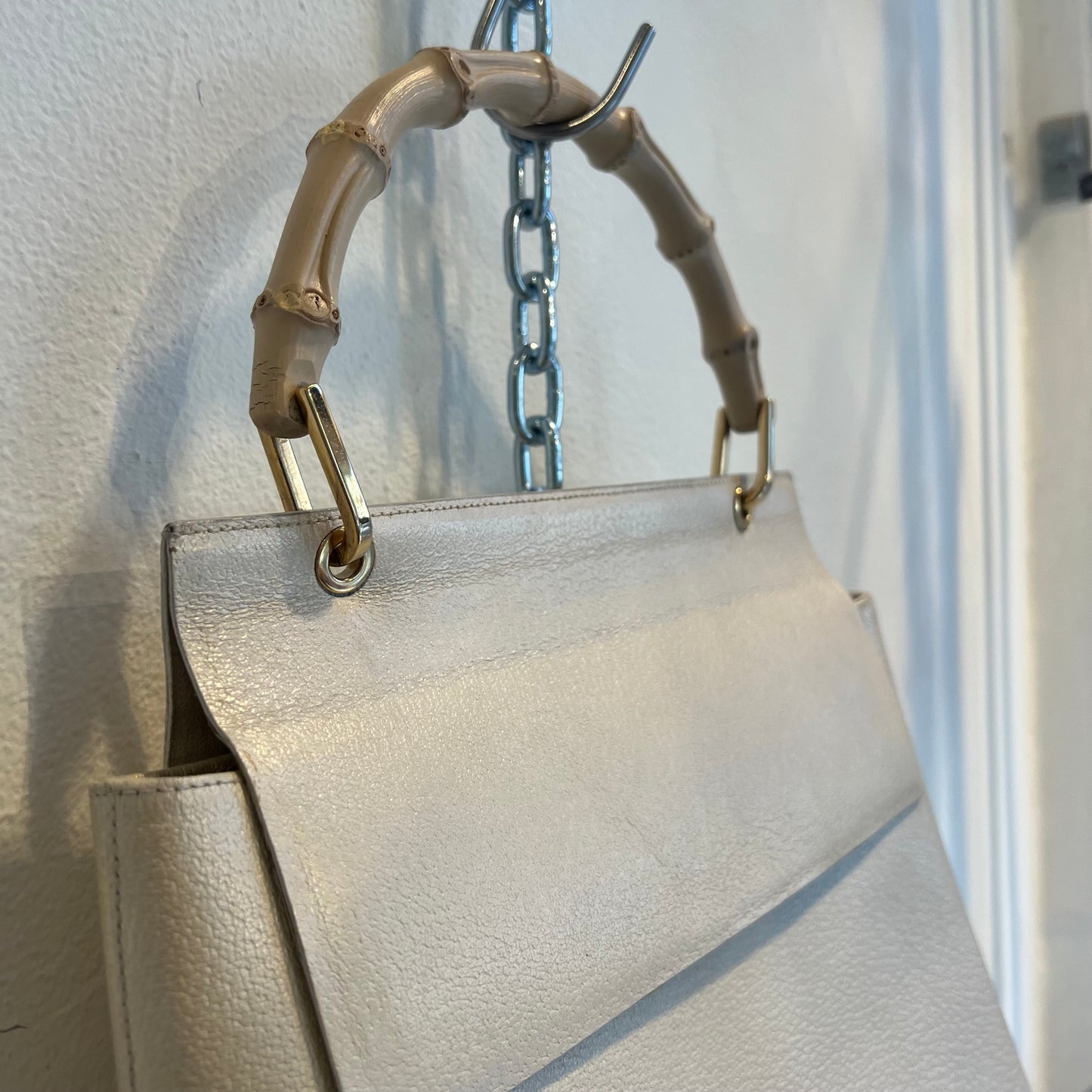 Gucci white leather bamboo bag