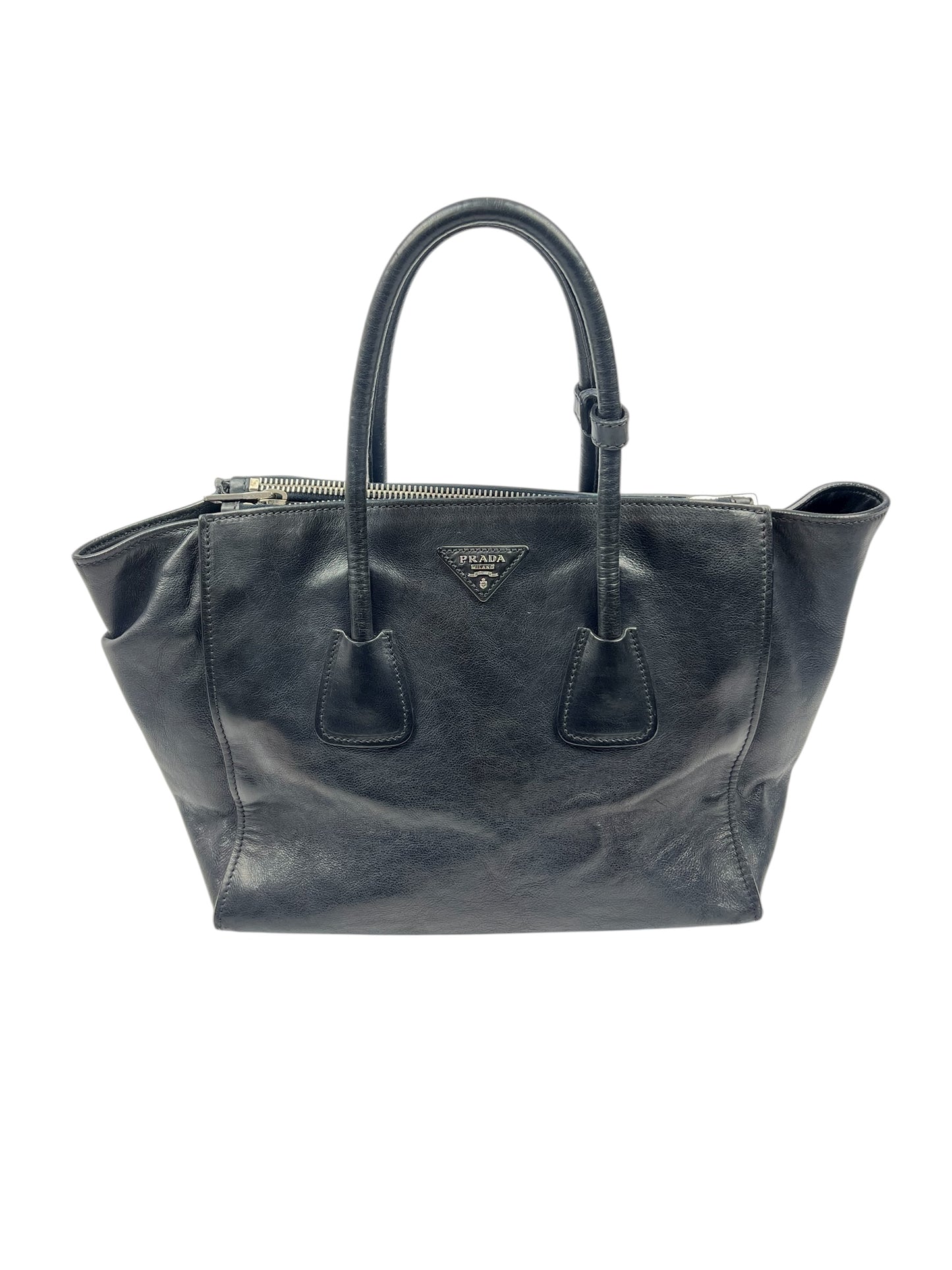 Black Leather Twin Pocket Tote Bag