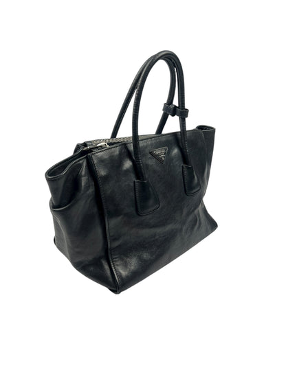Black Leather Twin Pocket Tote Bag