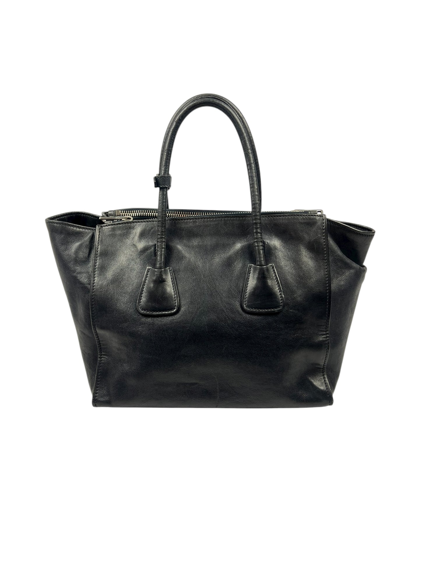 Black Leather Twin Pocket Tote Bag