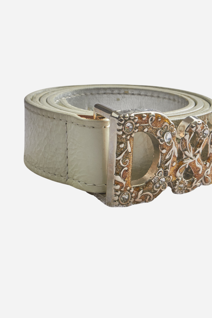 Dolce & Gabbana White Leather Gold Glitter Belt