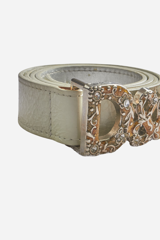 Dolce & Gabbana White Leather Gold Glitter Belt